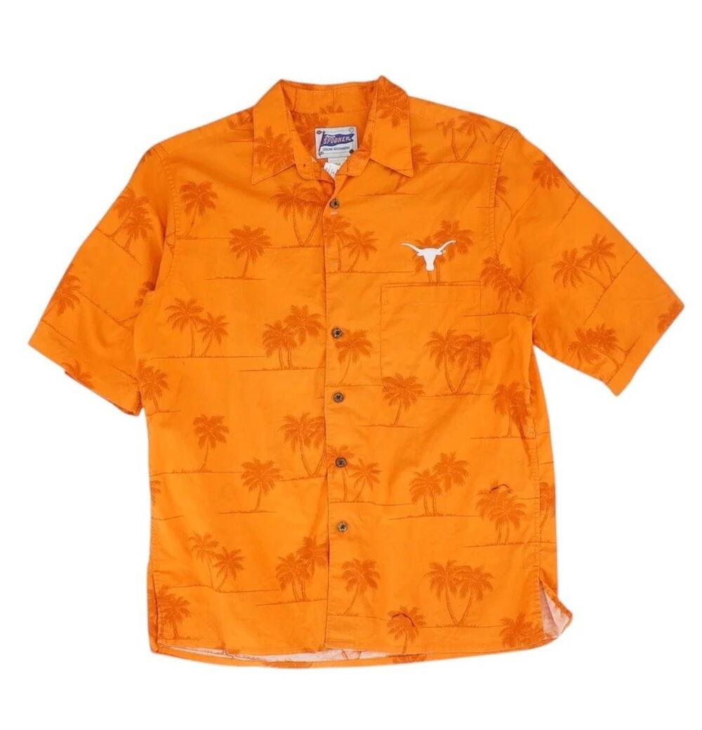 TEXAS LONGHORNS / REYN SPOONER - HOOK EM HORNS Mens Medium Hawaiian Aloha Shirt